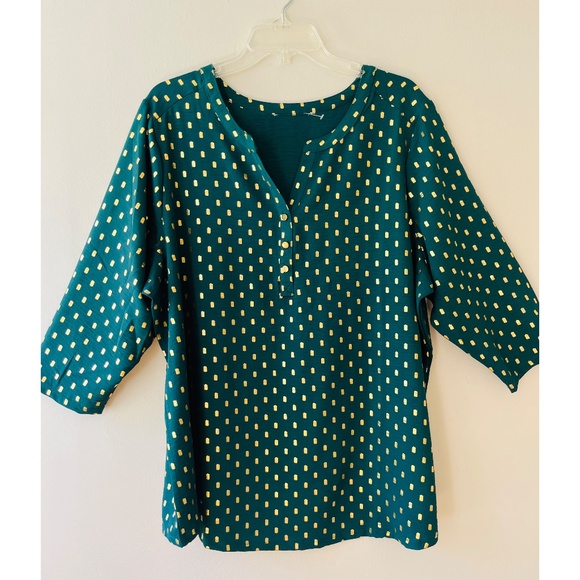 Sz XL Green Gold Glitter Dots Open Split Buttoned V Neck Pullover Blouse - Picture 1 of 8
